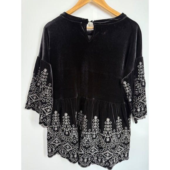 Savanna Jane Black Velvet Embroidered Top Sz S‎ 3/4 Bell Sleeve Boho Chic Blouse - Picture 5 of 8